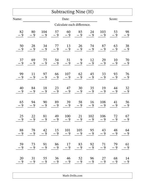 The Subtracting Nine With Differences from 0 to 99 – 100 Questions (H) Math Worksheet