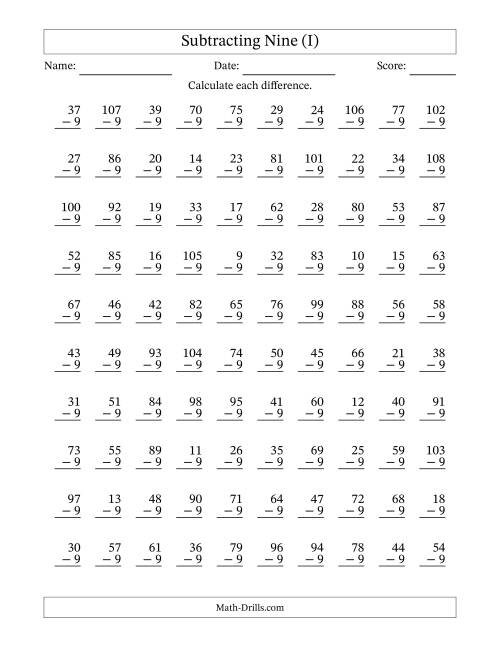 The Subtracting Nine With Differences from 0 to 99 – 100 Questions (I) Math Worksheet