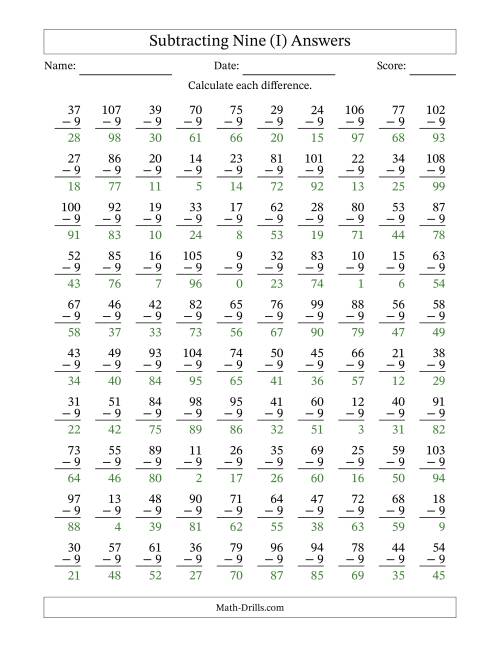 The Subtracting Nine With Differences from 0 to 99 – 100 Questions (I) Math Worksheet Page 2