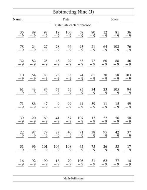 The Subtracting Nine With Differences from 0 to 99 – 100 Questions (J) Math Worksheet