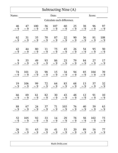 The Subtracting Nine With Differences from 0 to 99 – 100 Questions (All) Math Worksheet