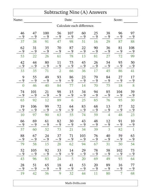 The Subtracting Nine (9) with Differences 0 to 99 (100 Questions) (All) Math Worksheet Page 2