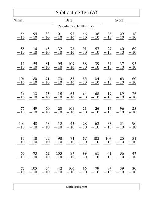 The Subtracting Ten (10) with Differences 0 to 99 (100 Questions) (A) Math Worksheet