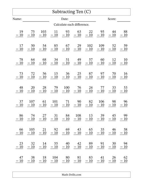 The Subtracting Ten With Differences from 0 to 99 – 100 Questions (C) Math Worksheet