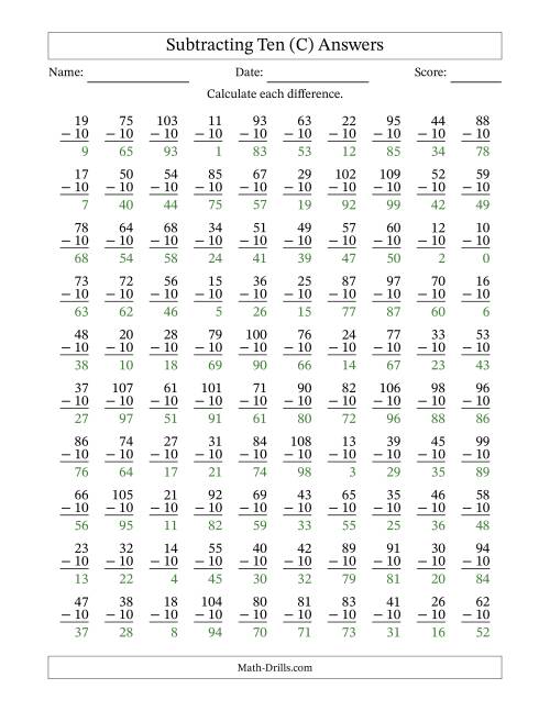 The Subtracting Ten With Differences from 0 to 99 – 100 Questions (C) Math Worksheet Page 2
