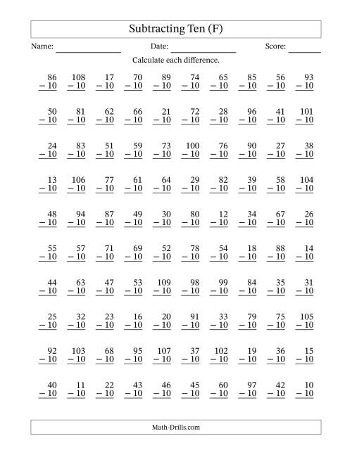 The Subtracting Ten With Differences from 0 to 99 – 100 Questions (F) Math Worksheet