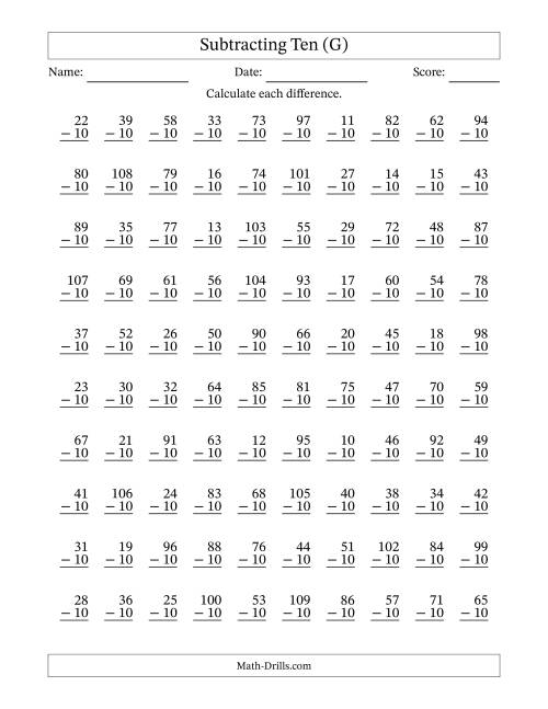 The Subtracting Ten With Differences from 0 to 99 – 100 Questions (G) Math Worksheet