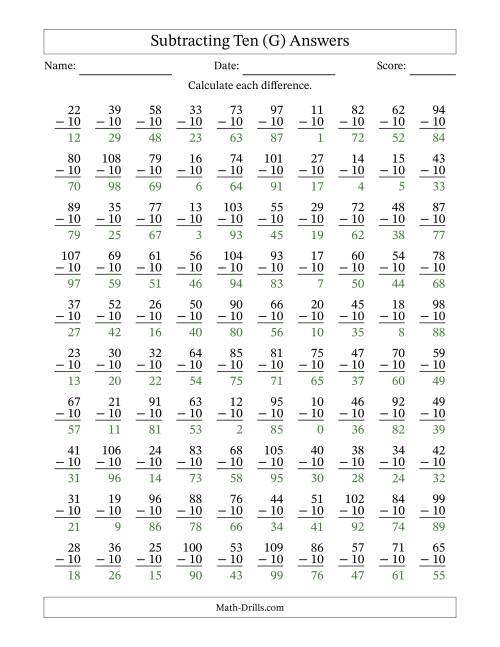 The Subtracting Ten With Differences from 0 to 99 – 100 Questions (G) Math Worksheet Page 2