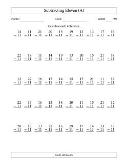 Subtracting Eleven With Differences from 0 to 11 – 50 Questions