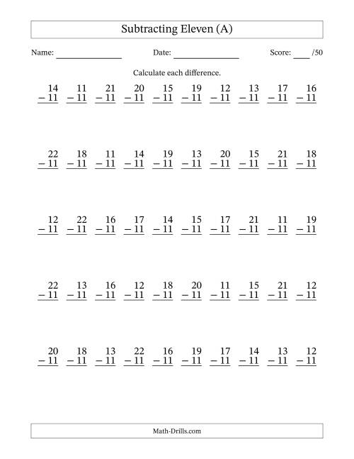 The Subtracting Eleven (11) with Differences 0 to 11 (50 Questions) (A) Math Worksheet