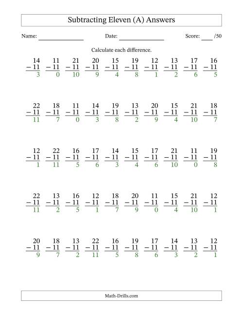 The Subtracting Eleven (11) with Differences 0 to 11 (50 Questions) (A) Math Worksheet Page 2
