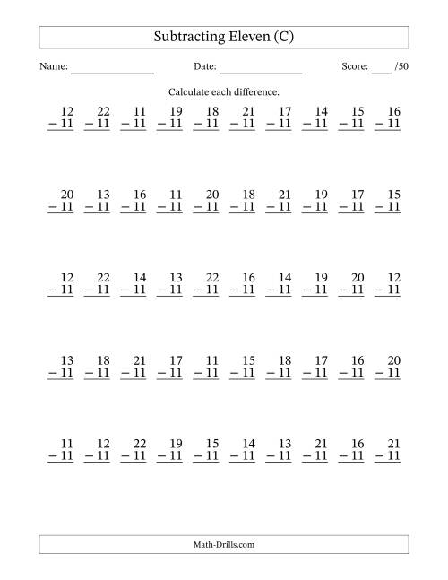 The Subtracting Eleven (11) with Differences 0 to 11 (50 Questions) (C) Math Worksheet