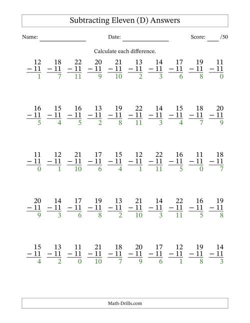 The Subtracting Eleven (11) with Differences 0 to 11 (50 Questions) (D) Math Worksheet Page 2