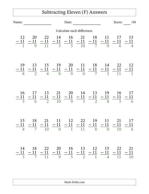 The Subtracting Eleven (11) with Differences 0 to 11 (50 Questions) (F) Math Worksheet Page 2