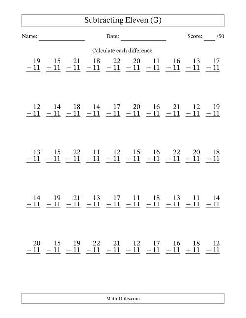 The Subtracting Eleven (11) with Differences 0 to 11 (50 Questions) (G) Math Worksheet