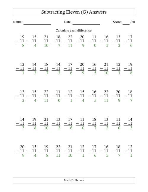 The Subtracting Eleven (11) with Differences 0 to 11 (50 Questions) (G) Math Worksheet Page 2