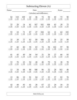 Subtracting Eleven With Differences from 0 to 99 – 100 Questions