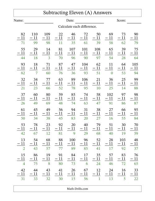 The Subtracting Eleven (11) with Differences 0 to 99 (100 Questions) (A) Math Worksheet Page 2