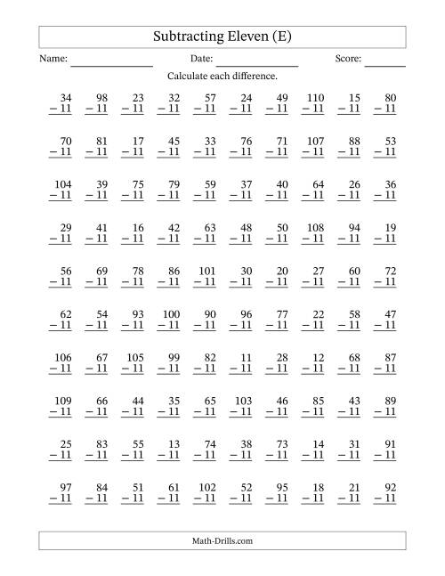 The Subtracting Eleven With Differences from 0 to 99 – 100 Questions (E) Math Worksheet