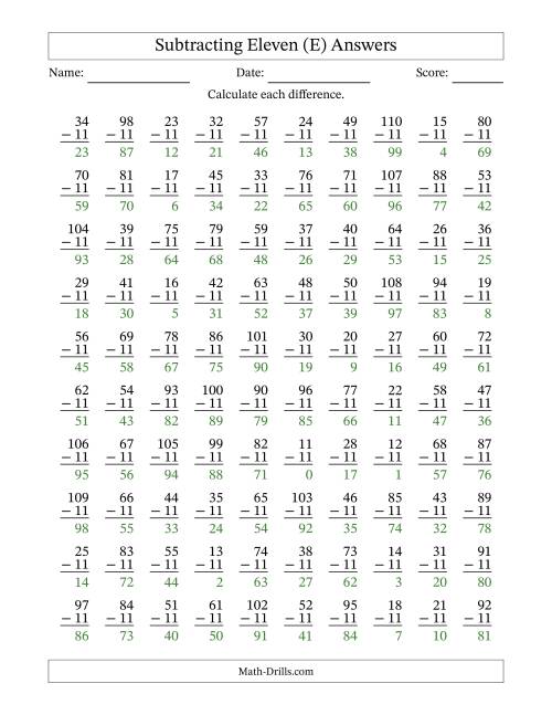 The Subtracting Eleven With Differences from 0 to 99 – 100 Questions (E) Math Worksheet Page 2