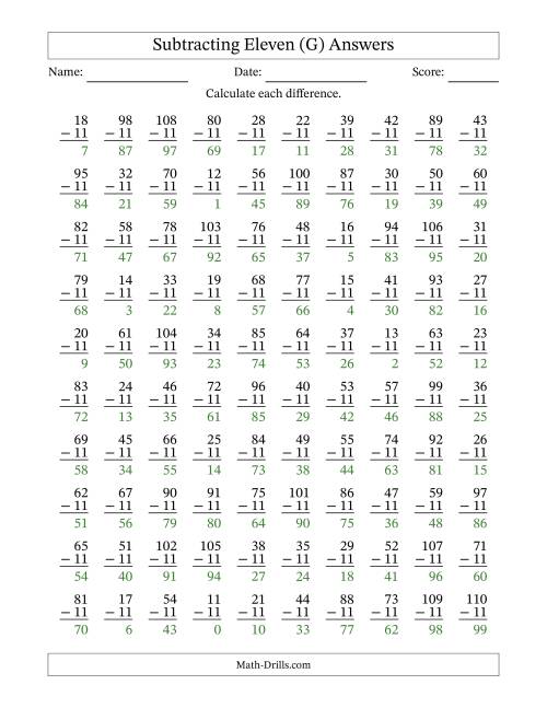 Subtracting Eleven (11) with Differences 0 to 99 (100 Questions) (G)