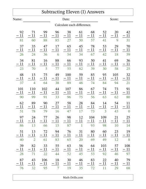 Subtracting Eleven (11) with Differences 0 to 99 (100 Questions) (I)