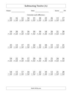 Subtracting Twelve With Differences from 0 to 12 – 50 Questions