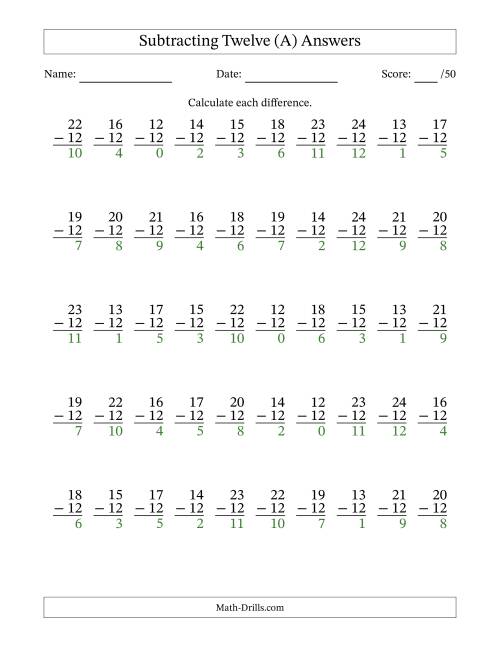 The Subtracting Twelve (12) with Differences 0 to 12 (50 Questions) (A) Math Worksheet Page 2