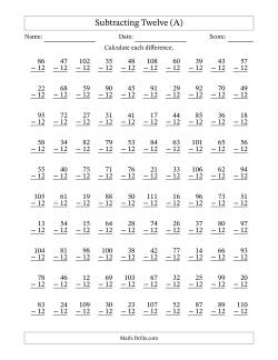 Subtracting Twelve With Differences from 0 to 99 – 100 Questions