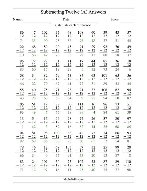 The Subtracting Twelve (12) with Differences 0 to 99 (100 Questions) (A) Math Worksheet Page 2