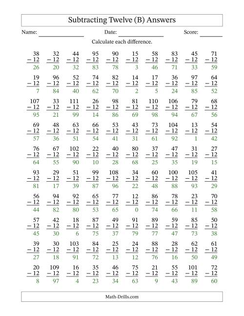 The Subtracting Twelve (12) with Differences 0 to 99 (100 Questions) (B) Math Worksheet Page 2