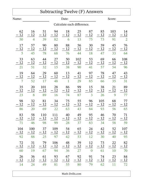 The Subtracting Twelve (12) with Differences 0 to 99 (100 Questions) (F) Math Worksheet Page 2