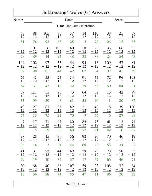 The Subtracting Twelve (12) with Differences 0 to 99 (100 Questions) (G) Math Worksheet Page 2