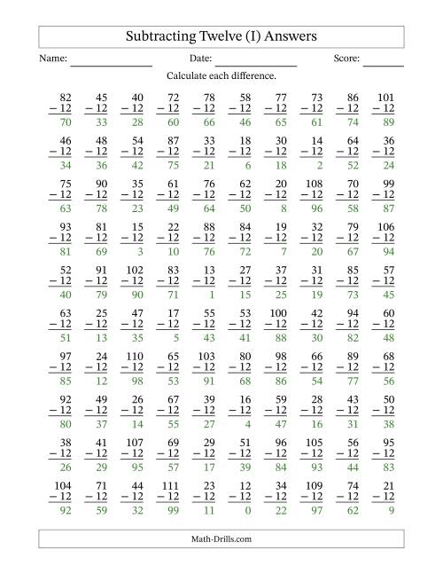 The Subtracting Twelve (12) with Differences 0 to 99 (100 Questions) (I) Math Worksheet Page 2