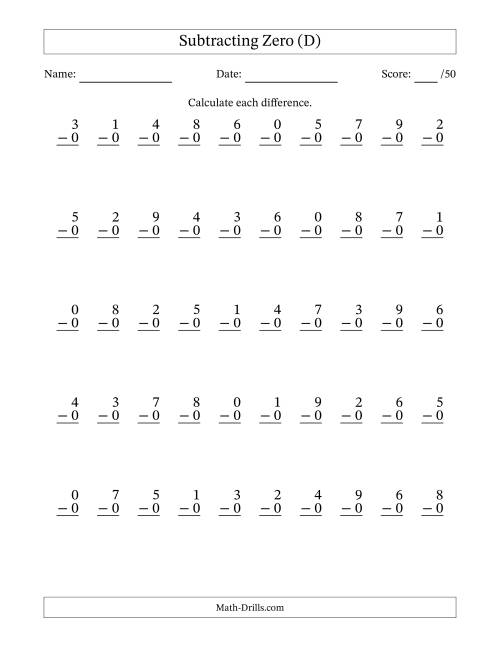 The Subtracting Zero With Differences from 0 to 9 – 50 Questions (D) Math Worksheet