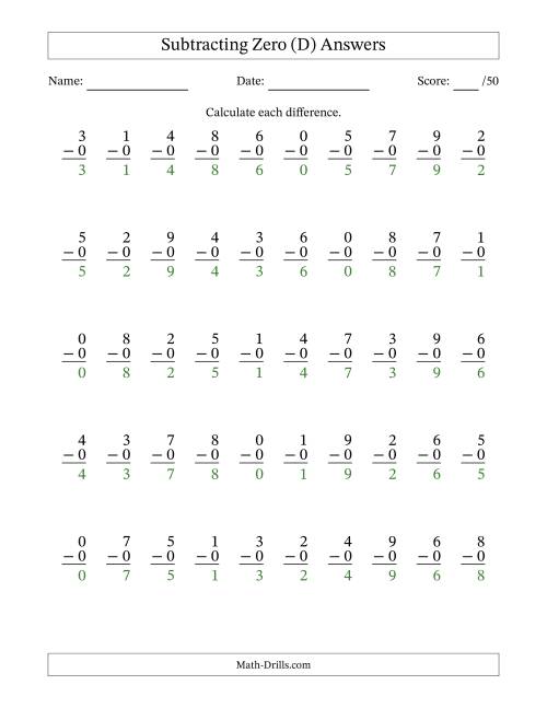 The Subtracting Zero With Differences from 0 to 9 – 50 Questions (D) Math Worksheet Page 2