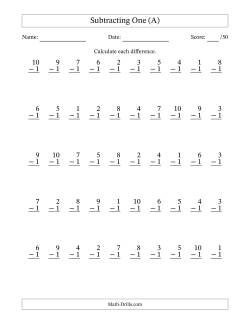 Subtracting One With Differences from 0 to 9 – 50 Questions