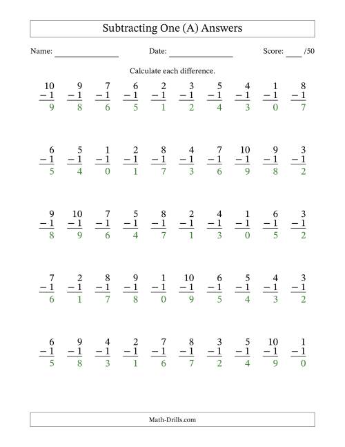 The Subtracting One (1) with Differences 0 to 9 (50 Questions) (A) Math Worksheet Page 2