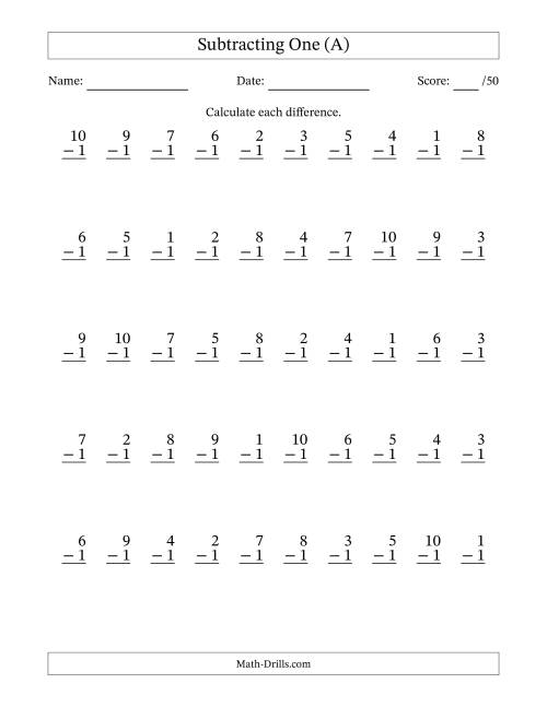 Subtracting One (1) with Differences 0 to 9 (50 Questions) (All)