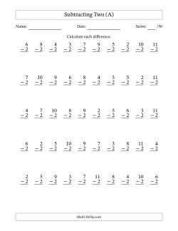 Subtracting Two With Differences from 0 to 9 – 50 Questions