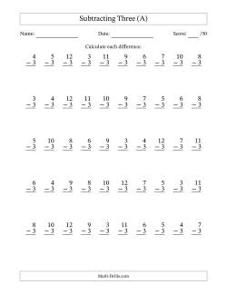Subtracting Three With Differences from 0 to 9 – 50 Questions