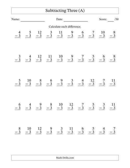 The Subtracting Three (3) with Differences 0 to 9 (50 Questions) (A) Math Worksheet