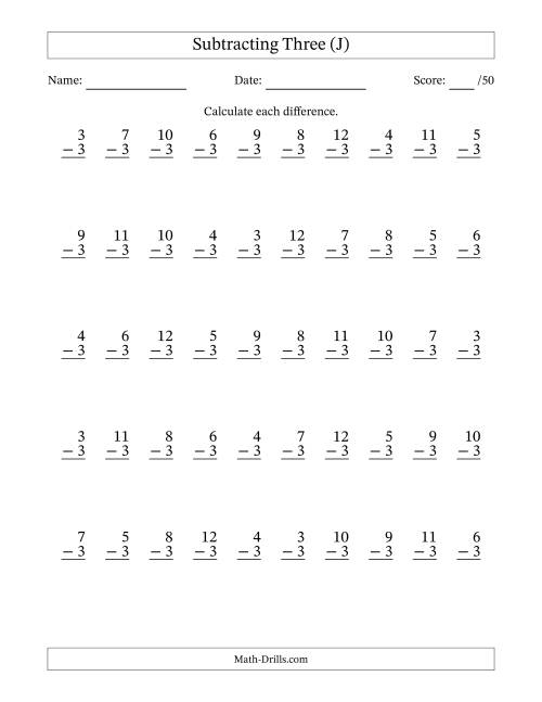 The Subtracting Three With Differences from 0 to 9 – 50 Questions (J) Math Worksheet