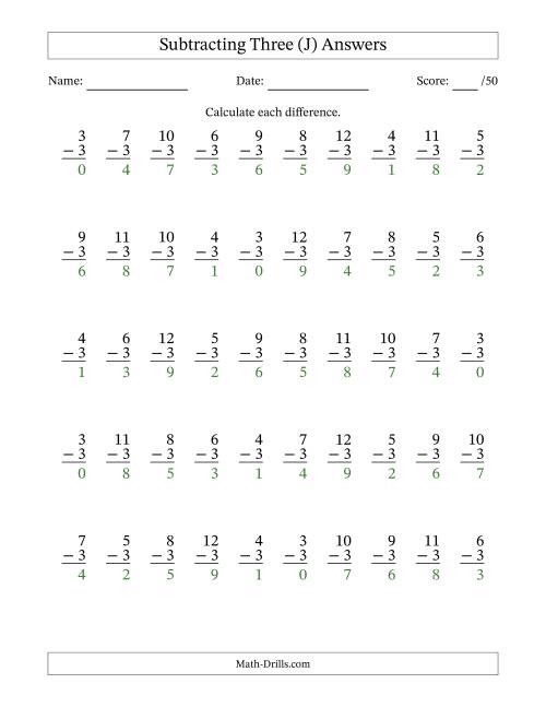 The Subtracting Three With Differences from 0 to 9 – 50 Questions (J) Math Worksheet Page 2