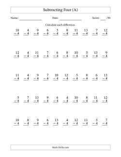 Subtracting Four With Differences from 0 to 9 – 50 Questions