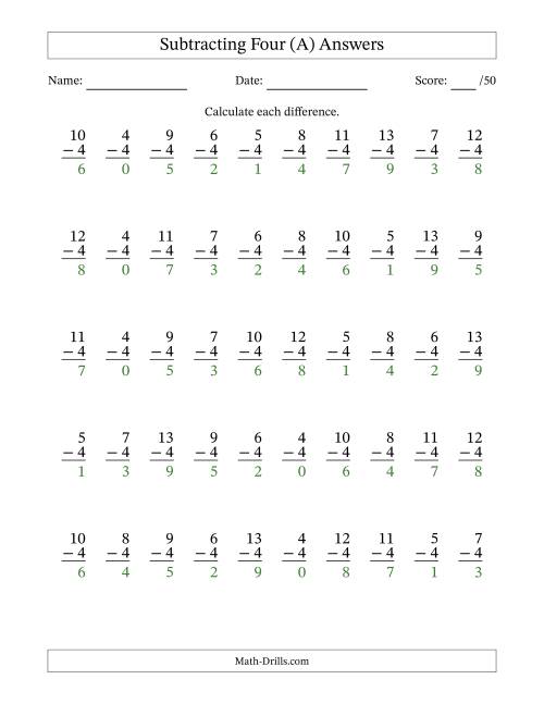 The Subtracting Four (4) with Differences 0 to 9 (50 Questions) (A) Math Worksheet Page 2