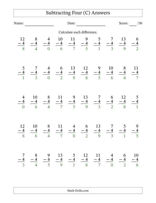 The Subtracting Four With Differences from 0 to 9 – 50 Questions (C) Math Worksheet Page 2