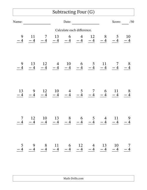 The Subtracting Four With Differences from 0 to 9 – 50 Questions (G) Math Worksheet