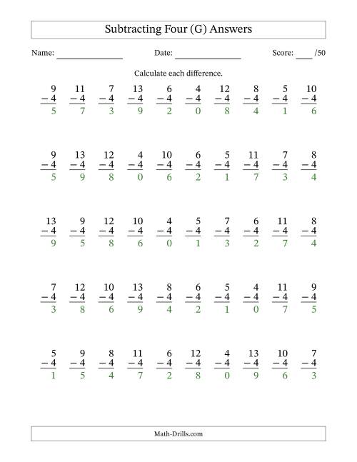 The Subtracting Four With Differences from 0 to 9 – 50 Questions (G) Math Worksheet Page 2