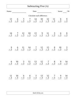 Subtracting Five With Differences from 0 to 9 – 50 Questions